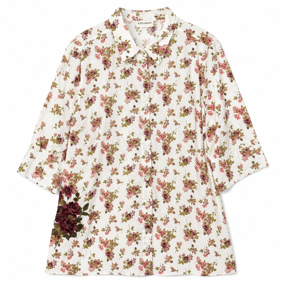 Veranesi Floral Button Down Blouse Womens 2XL White Pink Rose Embroidered Top